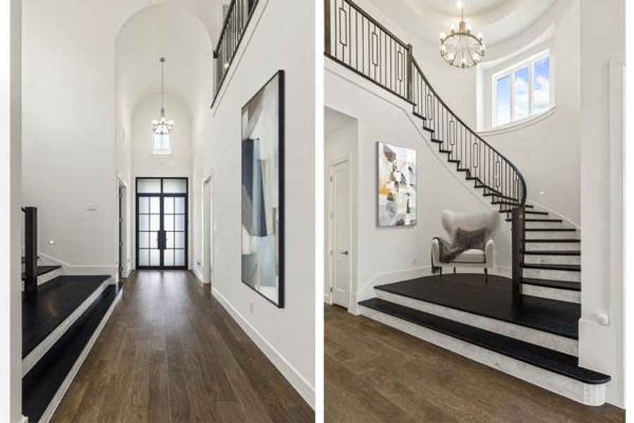 Entryway featuring stairway, plenty of natural light, a chandelier, and a high ceiling Entryway featuring stairway, plenty of natural light, a chandelier, and a high ceiling