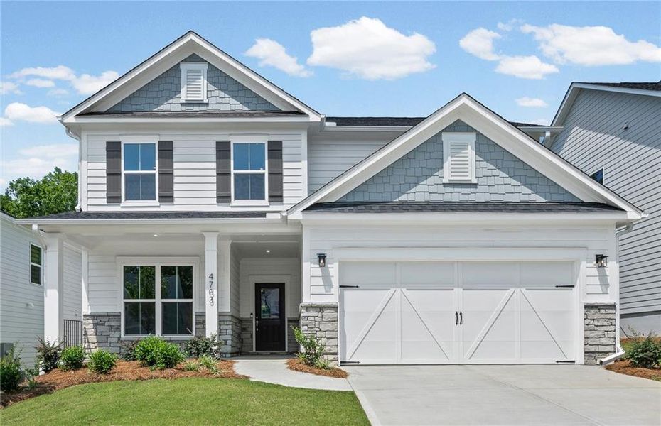 Front exterior of a new home in Hunters Creek, Flowery Branch, GA, highlighting curb appeal (Image 1). Front exterior of a new home in Hunters Creek, Flowery Branch, GA, highlighting curb appeal (Image 1).