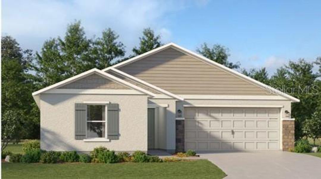 Front exterior of a new home in Crosswinds: Estate Key Collection, Haines City, FL, highlighting curb appeal (Image 1). Front exterior of a new home in Crosswinds: Estate Key Collection, Haines City, FL, highlighting curb appeal (Image 1).