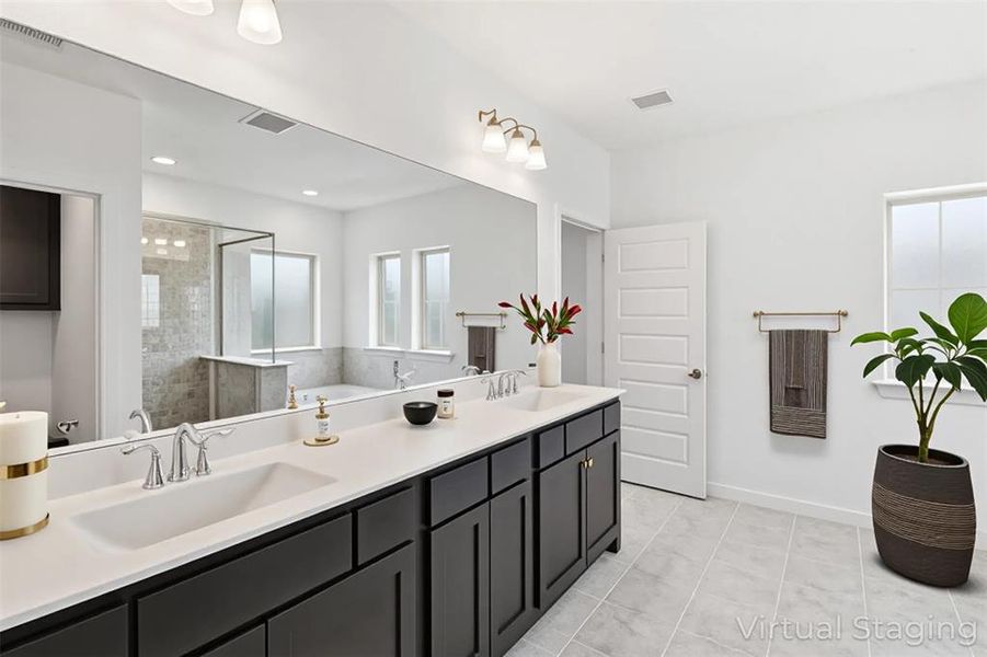 Virtually Staged Primary bath with dual sinks.
