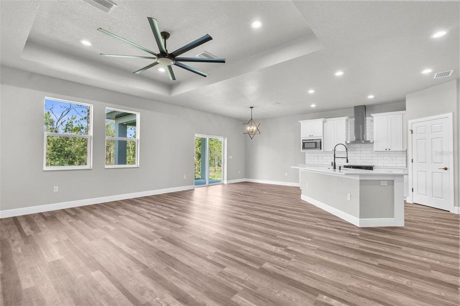 Large open floor plan with tray ceiling.