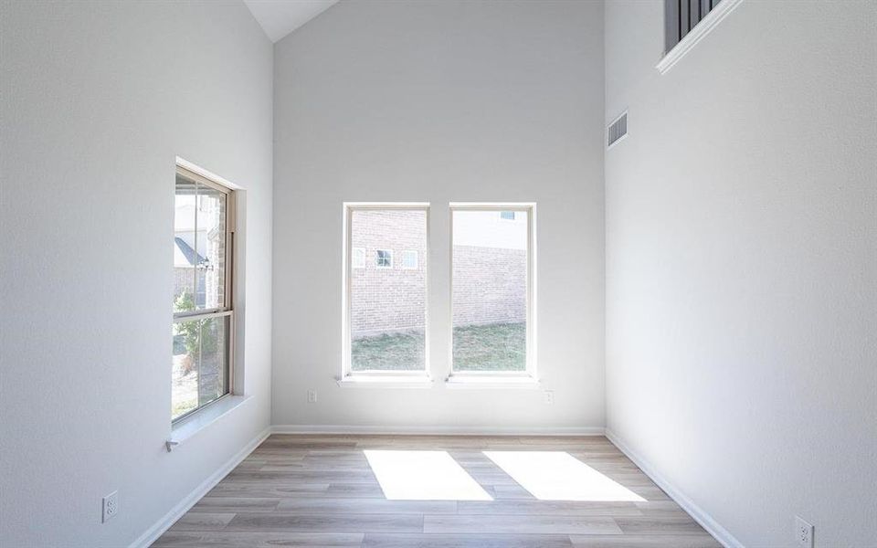 Spare room with high vaulted ceiling and light hardwood / wood-style flooring
