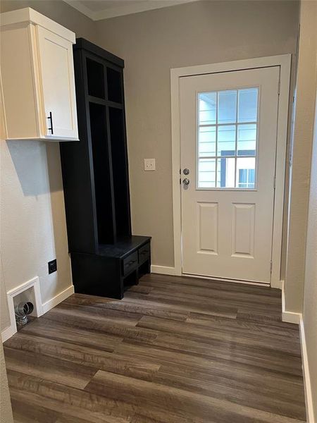 Mudroom with dark wood-type flooring and crown molding