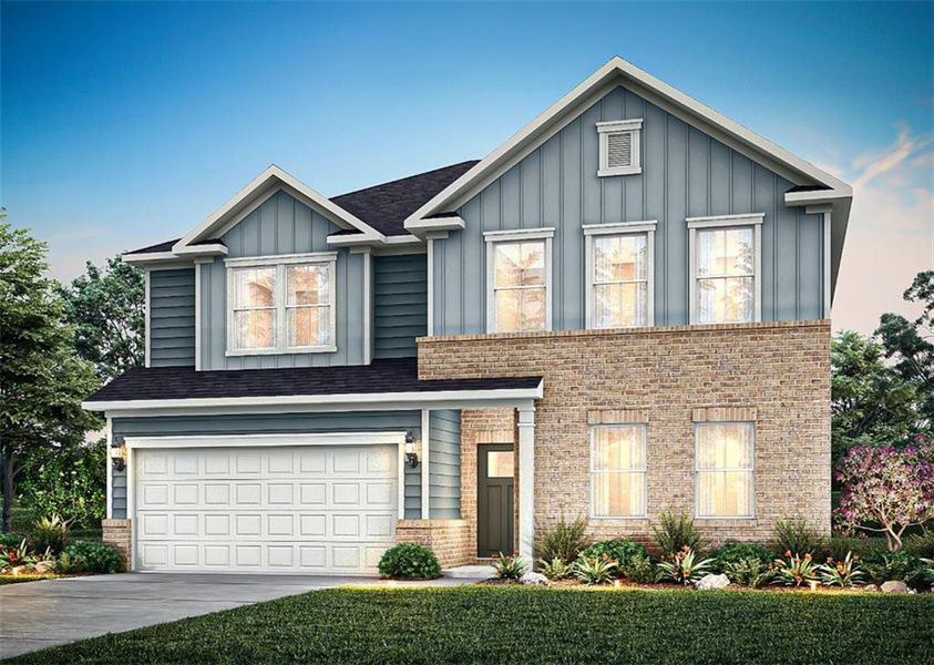 Front exterior of a new home in Watermist at Mirror Lake, Villa Rica, GA, highlighting curb appeal (Image 1). Front exterior of a new home in Watermist at Mirror Lake, Villa Rica, GA, highlighting curb appeal (Image 1).