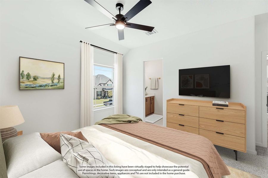 Bedroom with ceiling fan, wood dresser, wall-mounted TV, and ensuite bathroom doorway visible Bedroom with ceiling fan, wood dresser, wall-mounted TV, and ensuite bathroom doorway visible