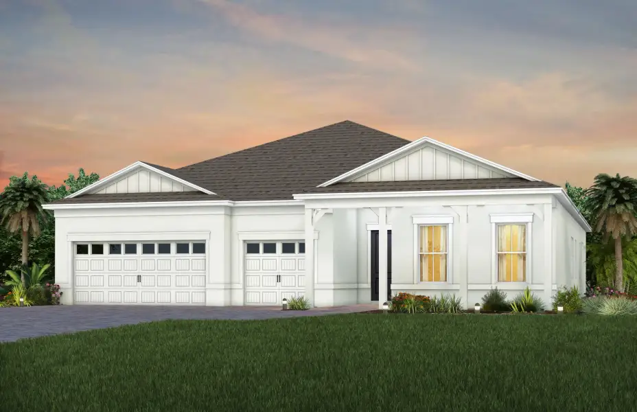 Front exterior of a new home in Del Webb Oasis, Winter Garden, FL, highlighting curb appeal (Image 1). Front exterior of a new home in Del Webb Oasis, Winter Garden, FL, highlighting curb appeal (Image 1).