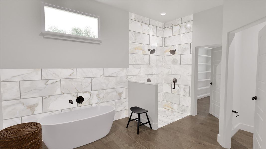 The master bathroom includes a soaking tub and step-in shower.