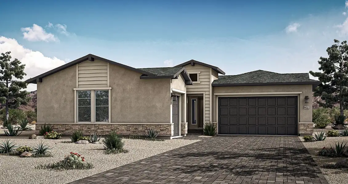 Front exterior of a new home in Overlook at The Dells, Prescott, AZ, highlighting curb appeal (Image 1). Front exterior of a new home in Overlook at The Dells, Prescott, AZ, highlighting curb appeal (Image 1).