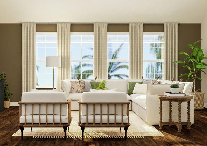 Rendering of living room showing black  media cabinet and tv on left, white couch and accent chairs centered before a  large window, and dark wood look flooring throughout.