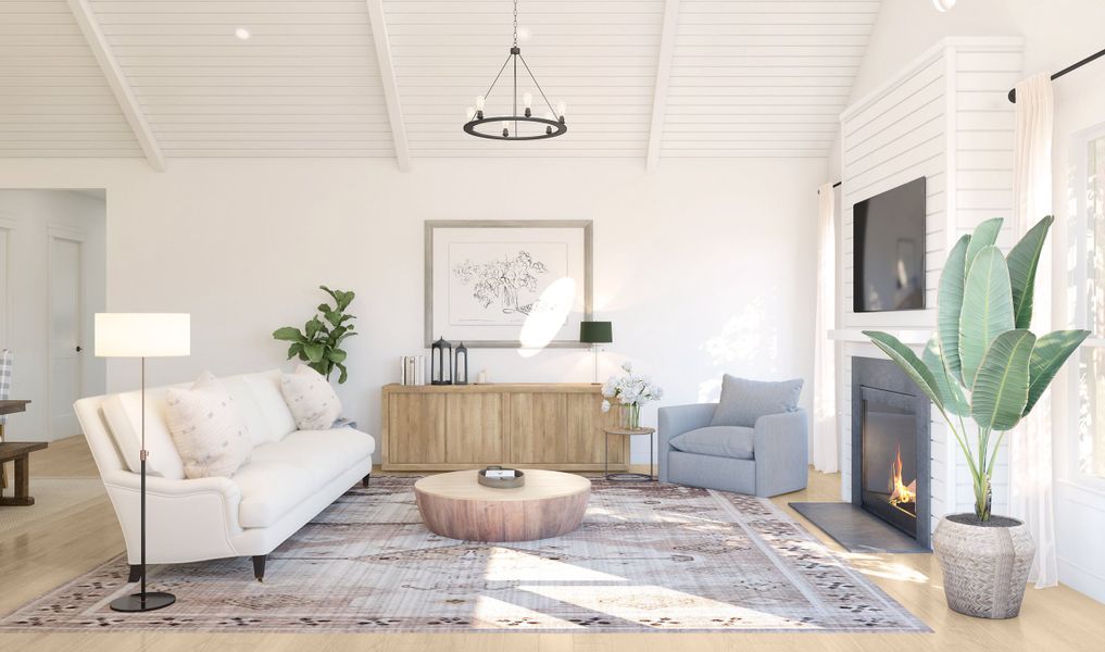 Great room with white painted ceiling beams Great room with white painted ceiling beams