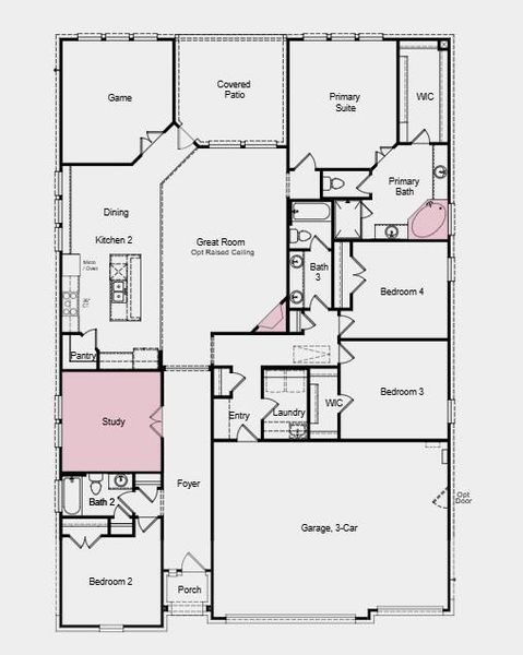 Additional Highlights Include: Study in place of formal dining, fireplace at great room, drop-in tub at primary bath, mud set shower at secondary bath, and raised ceiling at great room.