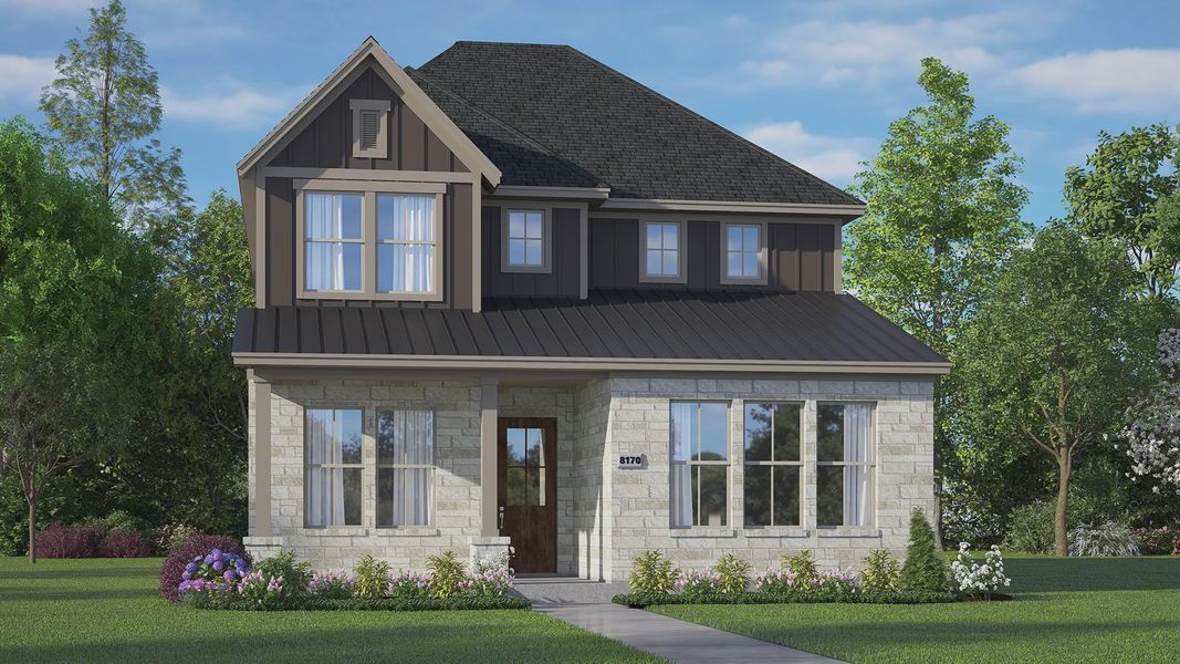 Front exterior of a new home in Riceland 42', Mont Belvieu, TX, highlighting curb appeal (Image 2). Front exterior of a new home in Riceland 42', Mont Belvieu, TX, highlighting curb appeal (Image 2).