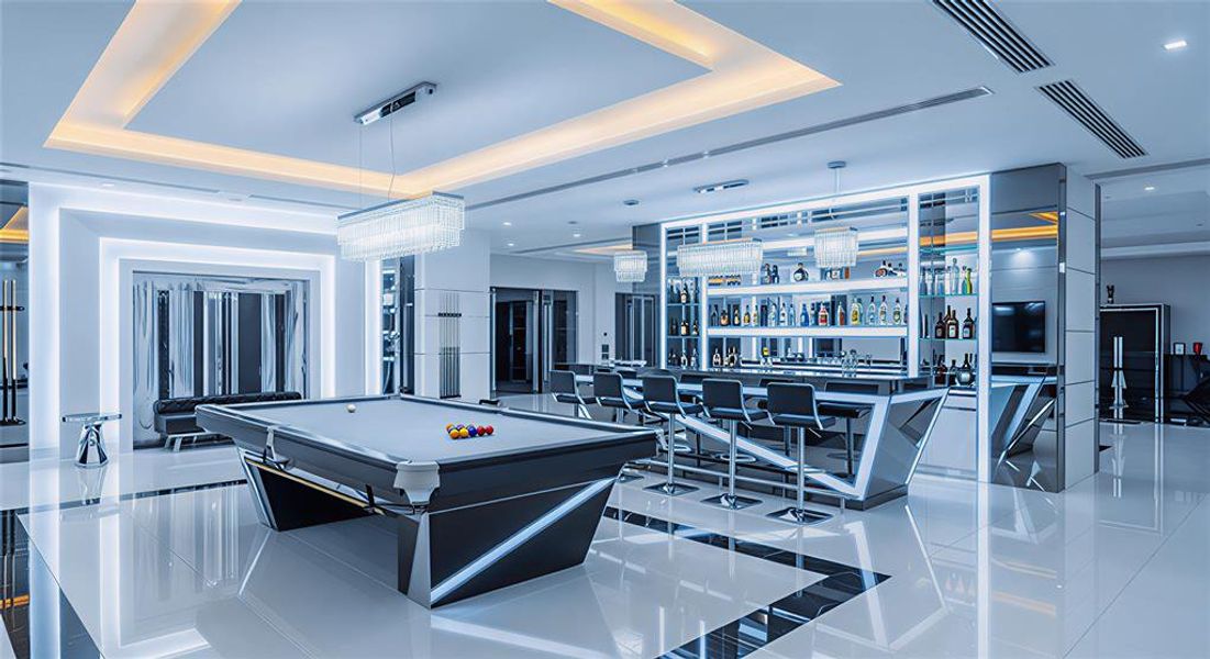 Game room with tile patterned flooring, a tray ceiling, bar, and billiards