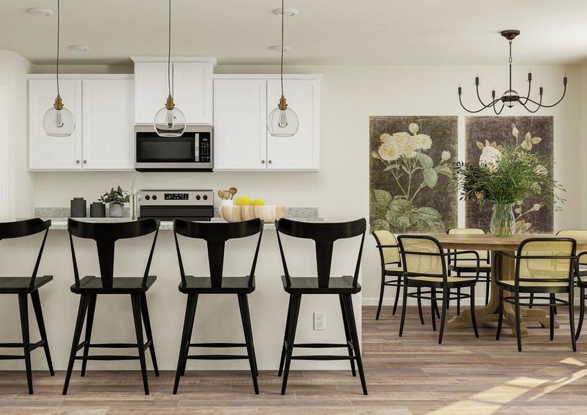 Rendering of kitchen and dining areas
  with luxury vinyl plank flooring. The kitchen has white cabinetry, a
  breakfast bar with four barstools and granite countertops. The dining room
  has a six-person table.