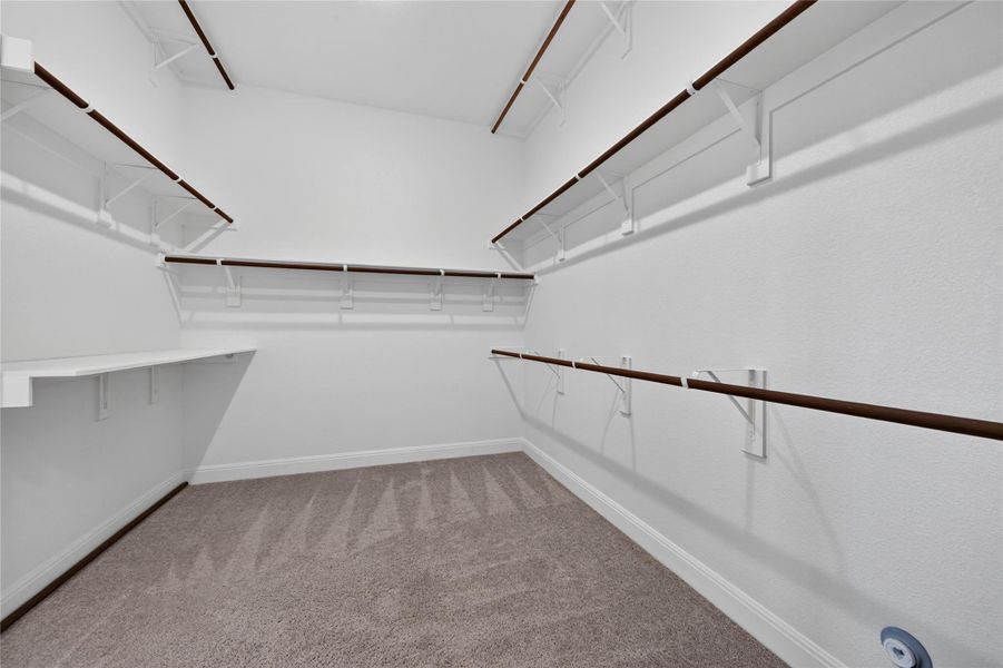 Ample built-in shelving and hanging rods maximize storage in this carpeted walk-in closet. Ample built-in shelving and hanging rods maximize storage in this carpeted walk-in closet.