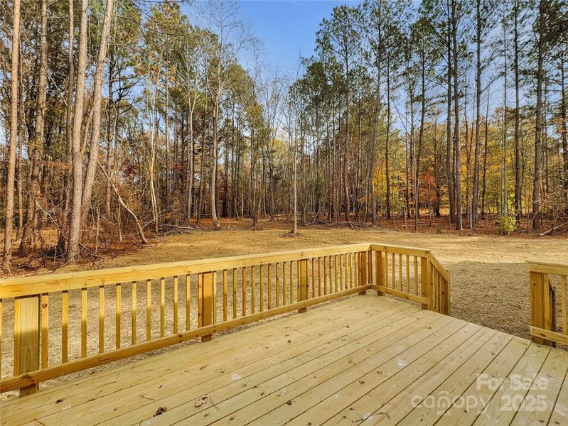 Large deck overlooking the wooded back yard