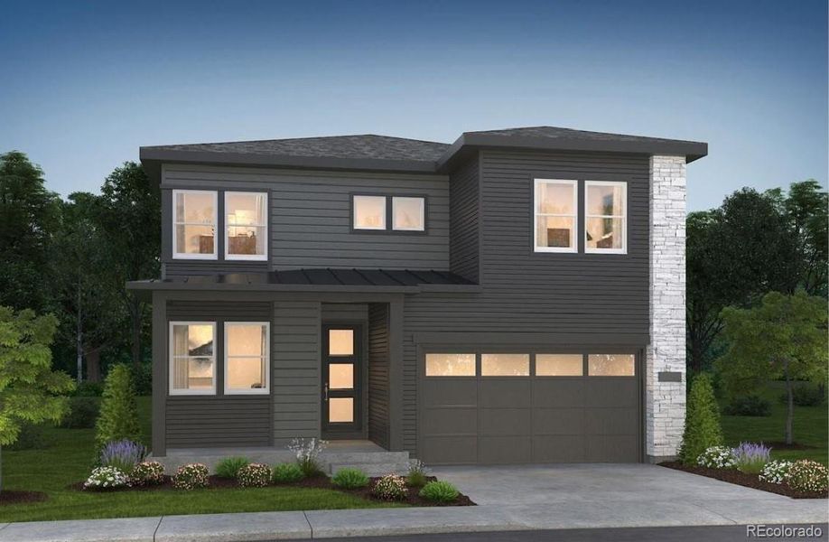 Front exterior of a new home in Portrait at The Canyons, Castle Pines, CO, highlighting curb appeal (Image 1). Front exterior of a new home in Portrait at The Canyons, Castle Pines, CO, highlighting curb appeal (Image 1).