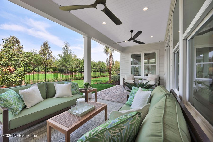 Exterior details and patio area of a home in Mariposa at EverRange 40' Series, Jacksonville (Image 27).