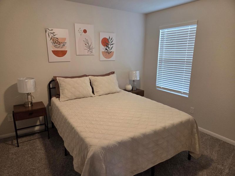 Bedroom featuring neutral wall paint, gray carpet flooring, and a window with white horizontal blinds