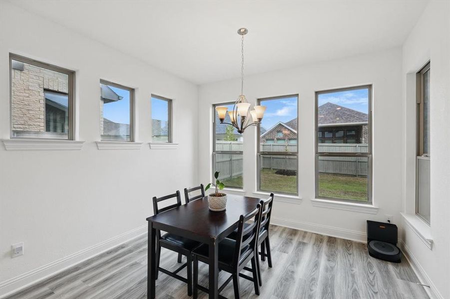 Dining room featuring light wood finished floors, healthy amount of natural light, and a chandelier