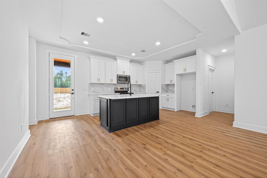 Modern kitchen with abundant cabinetry, large center island, and generous counter space.