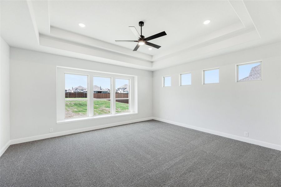Spacious bedroom with tray ceiling, ceiling fan, gray carpet, and large windows overlooking backyard