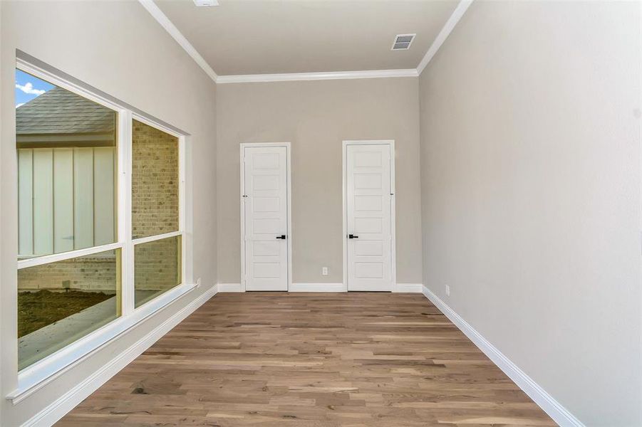 Unfurnished room with crown molding and hardwood / wood-style floors