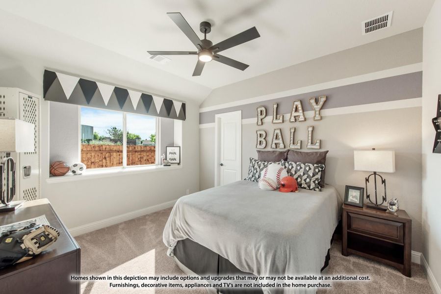 Kids' bedroom with baseball theme, ceiling fan, striped accent wall, and carpeted floor