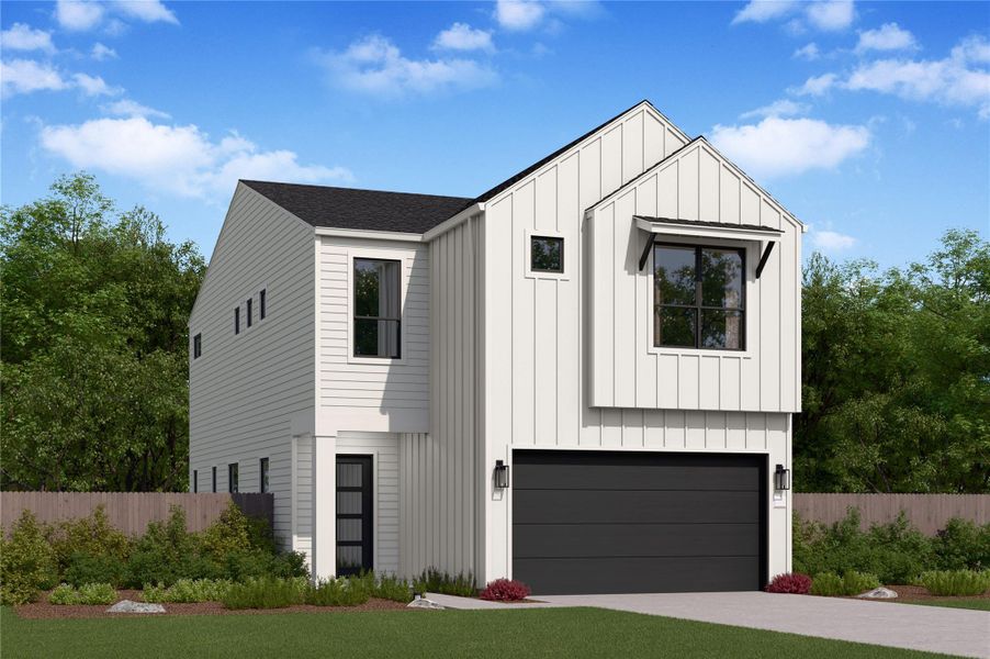 Front exterior of a new home in The Villas Collection at Novel, Austin, TX, highlighting curb appeal (Image 1).