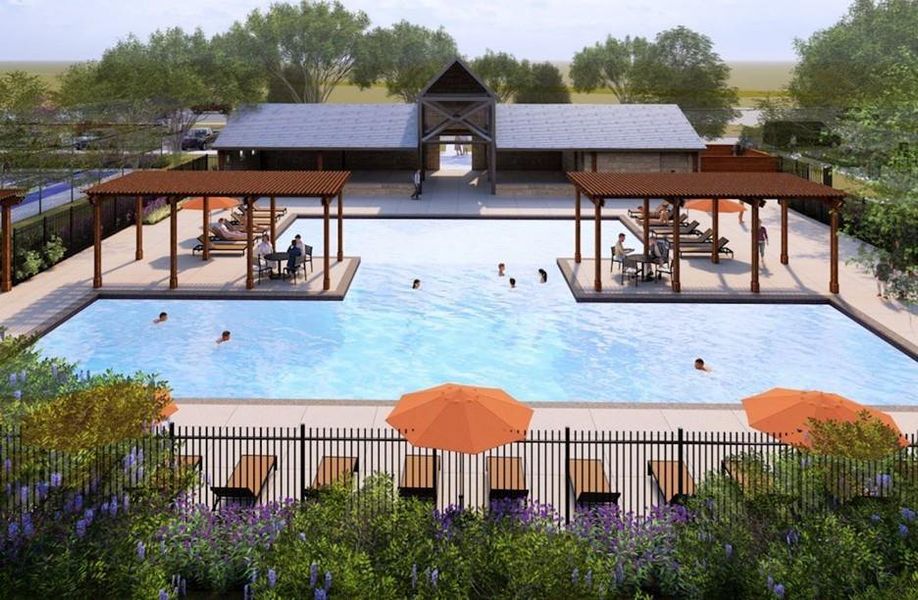 Community swimming pool with dual pergolas, surrounded by paved decking and a black metal fence