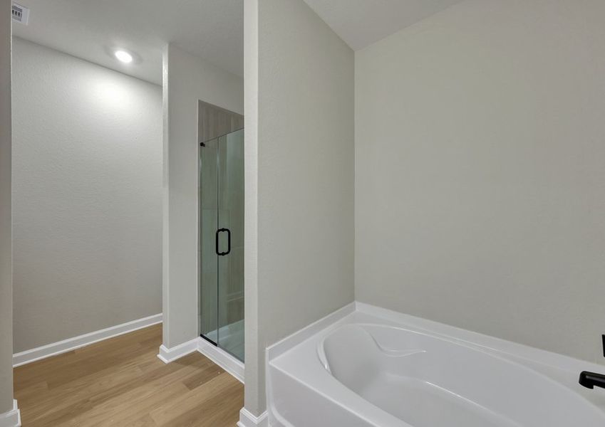 Primary bathroom featuring a garden tub and a separate glass-enclosed walk-in shower.