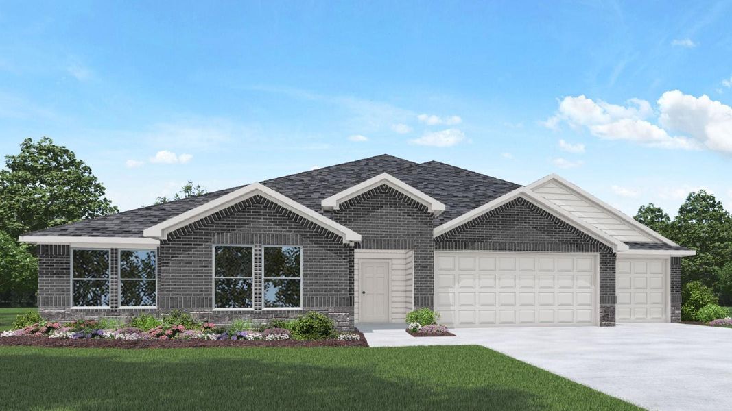 Front exterior of a new home in Riverside Estates, Baytown, TX, highlighting curb appeal (Image 1).
