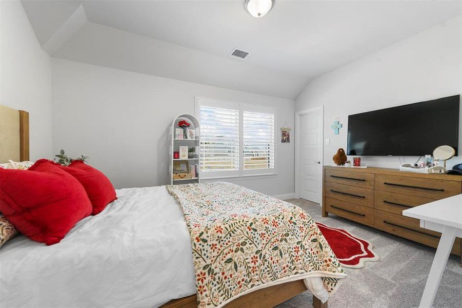 Carpeted bedroom with lofted ceiling