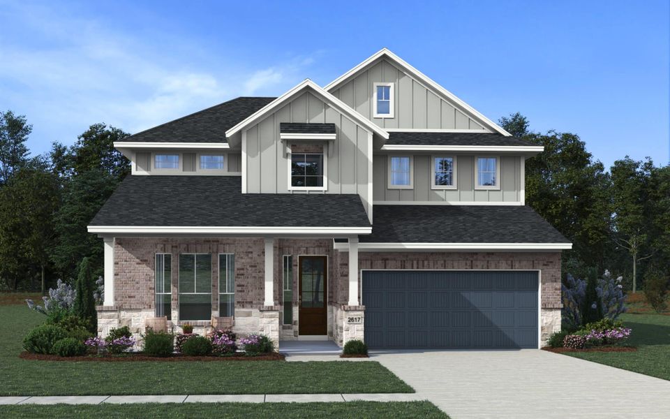 Front exterior of a new home in Elyson, Katy, TX, highlighting curb appeal (Image 20).