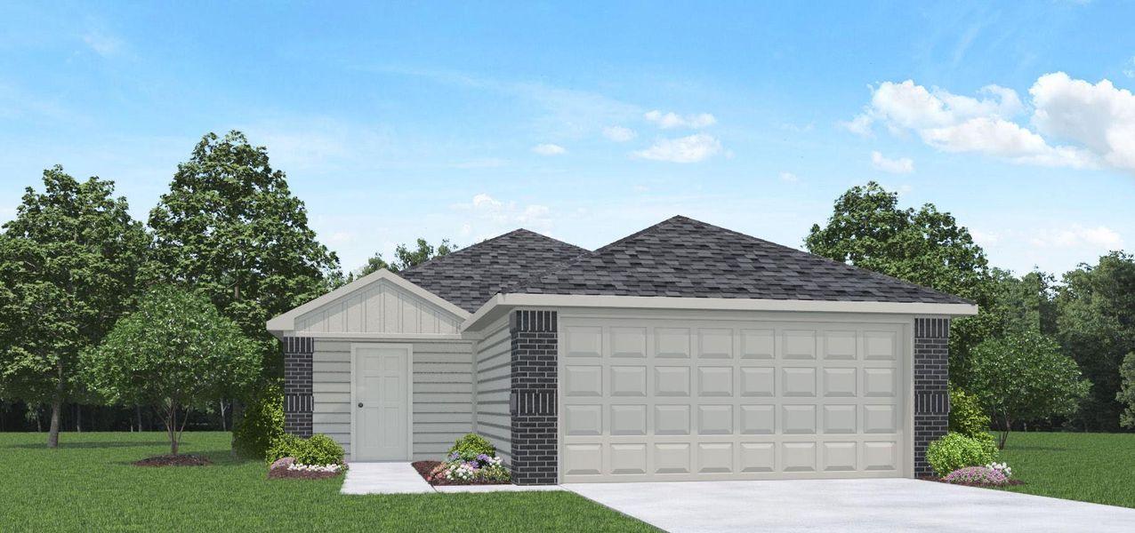 Front exterior of a new home in Silverthorne, Conroe, TX, highlighting curb appeal (Image 1).