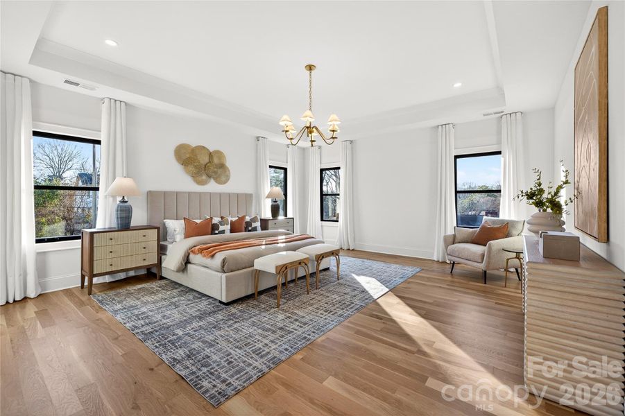 Master Bedroom on Upper Level. Spacious, lots of light! Coffered ceiling.