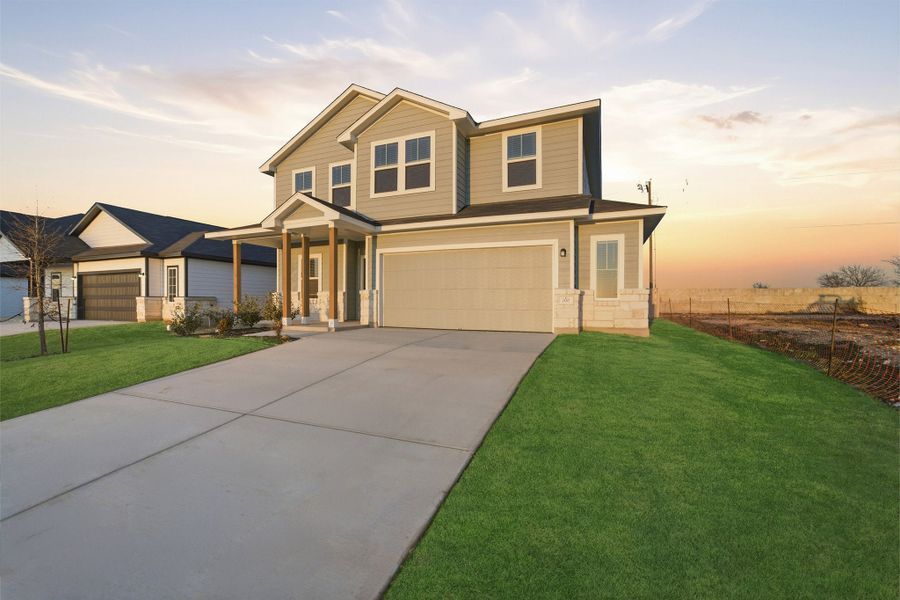Front exterior of a new home in Hunters Glen, Jarrell, TX, highlighting curb appeal (Image 28).