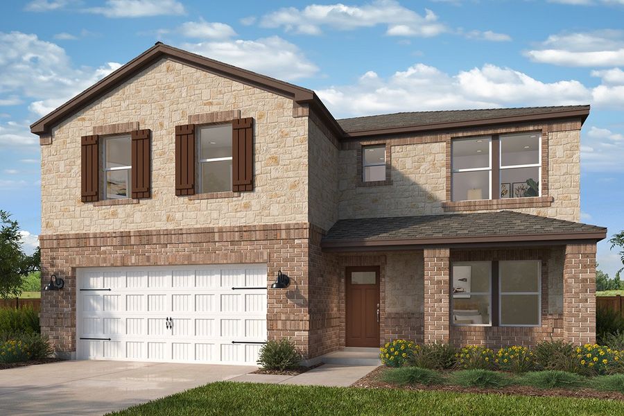 Representative exterior photo of a completed home built from the 2967 by KB Home in Adelton, Bastrop, TX (Image 5). Representative exterior photo of a completed home built from the 2967 by KB Home in Adelton, Bastrop, TX (Image 5).