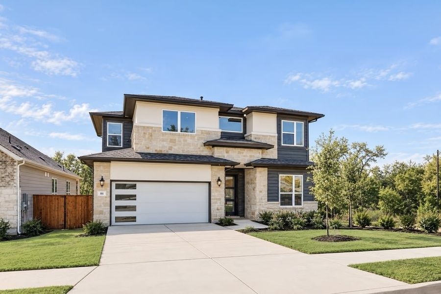 Front exterior of a new home in Silverleaf, Cedar Creek, TX, highlighting curb appeal (Image 1). Front exterior of a new home in Silverleaf, Cedar Creek, TX, highlighting curb appeal (Image 1).