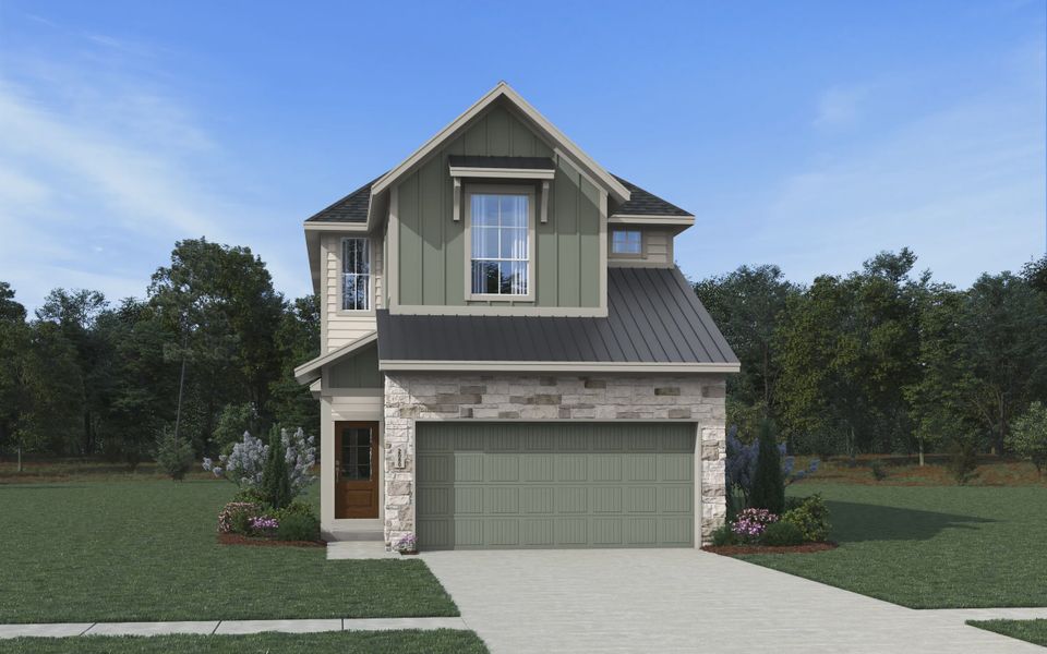 Representative exterior photo of a completed home built from the Calais by Chesmar Homes in Meridiana Chateau, Iowa Colony, TX (Image 2). Representative exterior photo of a completed home built from the Calais by Chesmar Homes in Meridiana Chateau, Iowa Colony, TX (Image 2).