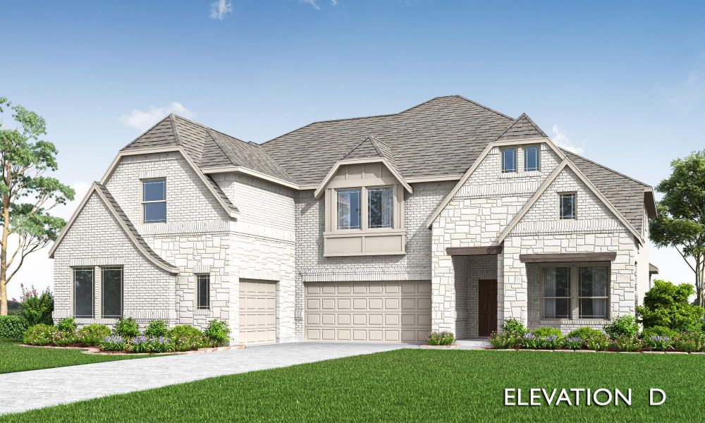Two-story home with white brick and stone exterior, two-car garage, and manicured front lawn, Elevation D rendering. Two-story home with white brick and stone exterior, two-car garage, and manicured front lawn, Elevation D rendering.