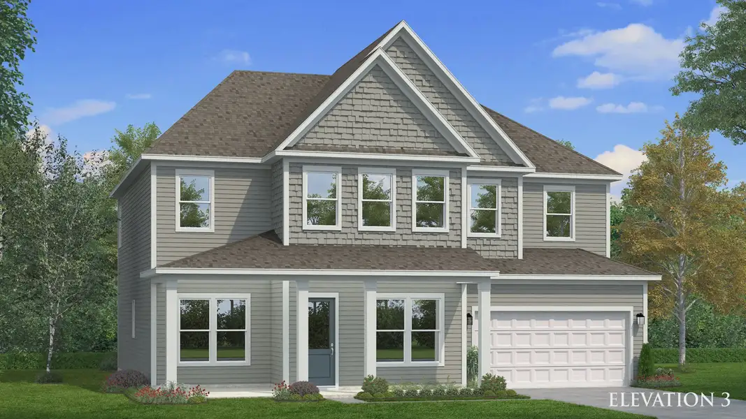 Exterior rendering of home with gray siding and accent siding. Covered front entry greets you. Exterior rendering of home with gray siding and accent siding. Covered front entry greets you.