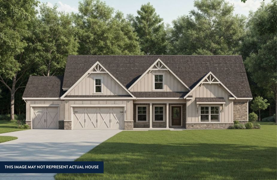 Front exterior of a new home in Woodland Hills, Loganville, GA, highlighting curb appeal (Image 1).