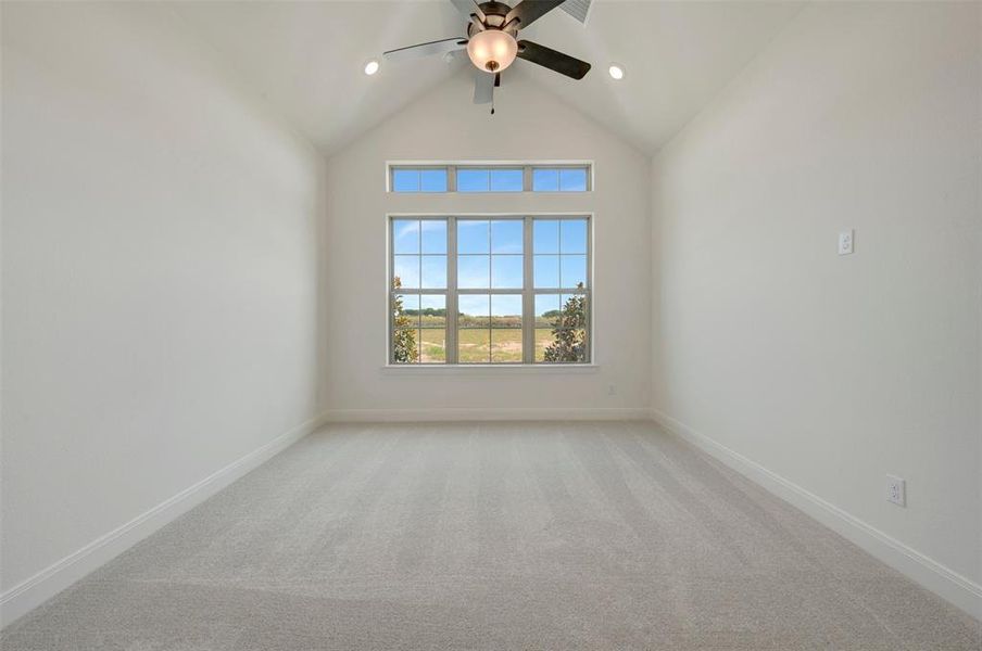 Vaulted ceiling room featuring light gray carpet flooring and a multi-paned window with transom above Vaulted ceiling room featuring light gray carpet flooring and a multi-paned window with transom above