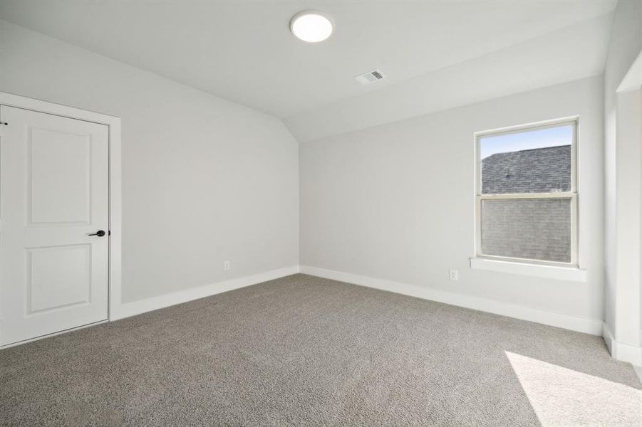 Empty room with carpet and lofted ceiling