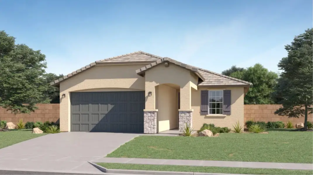 Front exterior of a new home in Asante Artisan, Surprise, AZ, highlighting curb appeal (Image 1). Front exterior of a new home in Asante Artisan, Surprise, AZ, highlighting curb appeal (Image 1).