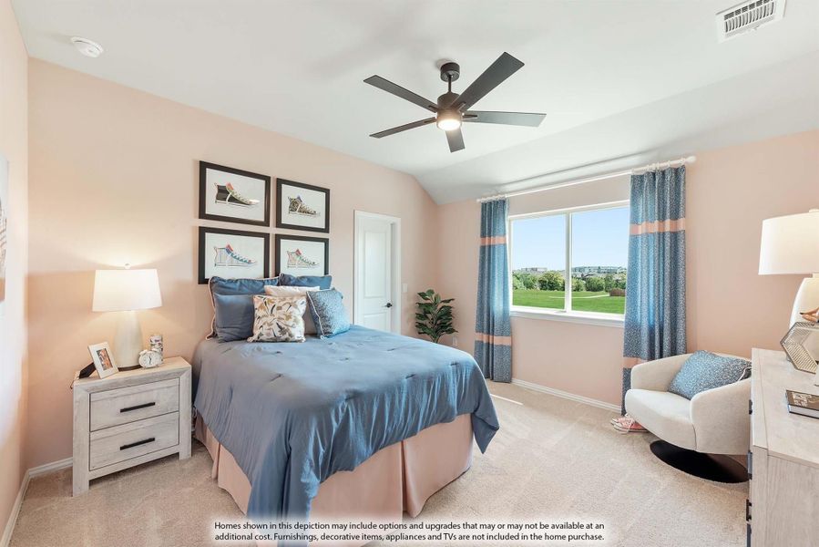 Bedroom with vaulted ceiling, ceiling fan, carpet flooring, and large window with blue curtains Bedroom with vaulted ceiling, ceiling fan, carpet flooring, and large window with blue curtains