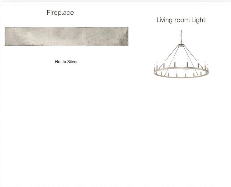Design Specification. Illustrating proposed fireplace material and living room lighting fixture for the property