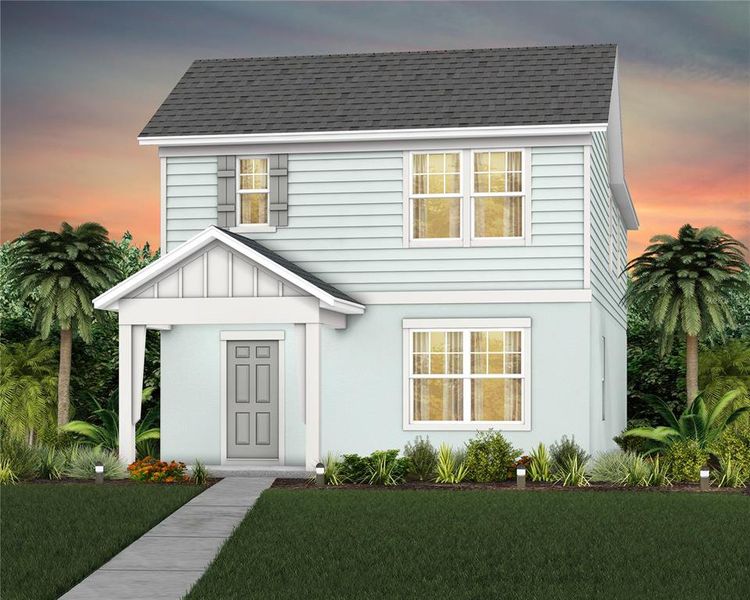 Front exterior of a new home in EverBe, Orlando, FL, highlighting curb appeal (Image 1). Front exterior of a new home in EverBe, Orlando, FL, highlighting curb appeal (Image 1).