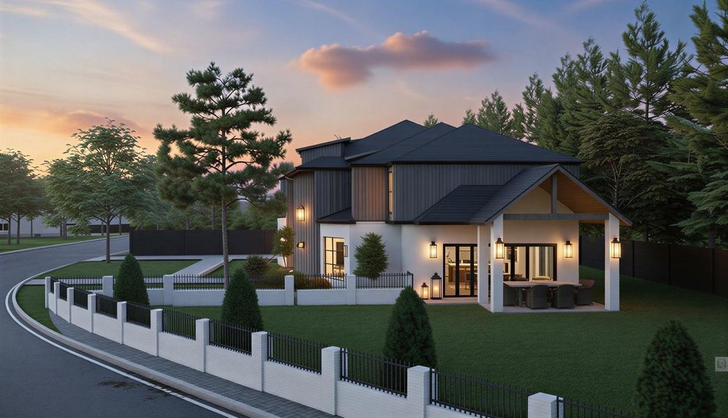 Rendering: Large backyard at dusk with covered patio and summer kitchen.